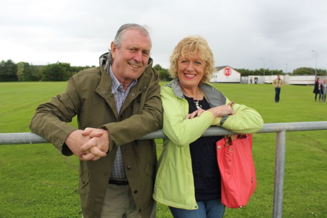 Alan Gallagher and Margaret Stack at the Tommy Naughton Memorial Soccer Match at Tralee Dynamos pitch in Cahermoneen on Friday night. Photo by Dermot Crean