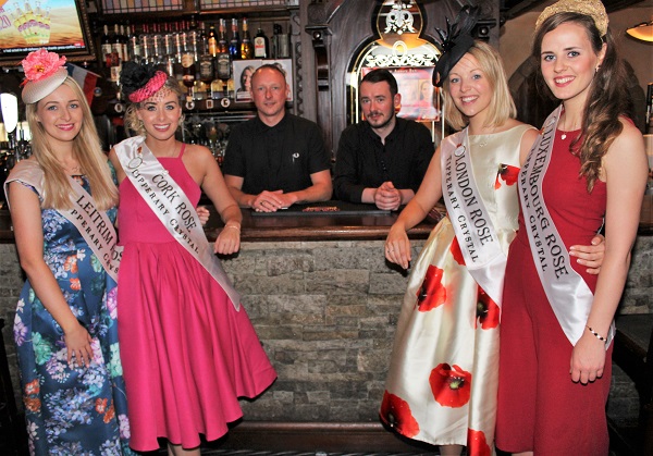 Danny and Mark Leen of the Abbey Inn with Roses, Ann Marie Keegan (Leitrim), Denise Collins (Cork), Emma Murphy O'Connor (London) and Shíle Reidy (Luxembourg). Photo by Gavin O'Connor. 