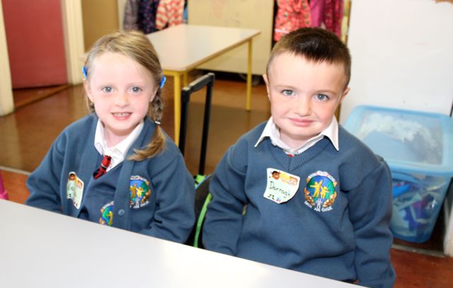 Kayla and Darragh Moriarty at their first day in Scoil Eoin, Balloonagh on Wednesday morning. Photo by Dermot Crean