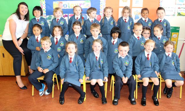 Mrs Brenda Burke's Junior Infants class at their first day in Scoil Eoin, Balloonagh on Wednesday morning. Photo by Dermot Crean