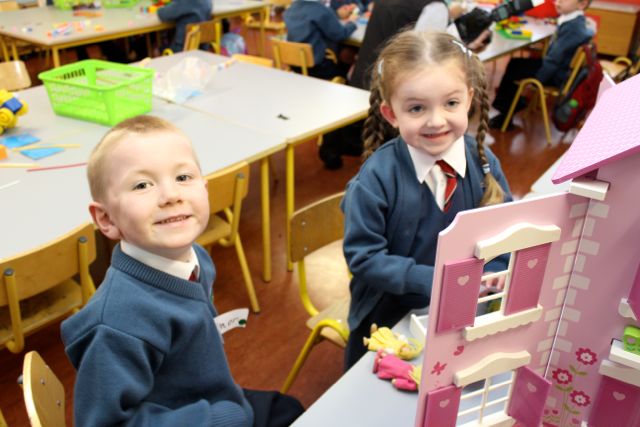 Conor Brosnan and Abi Conway at their first day in Scoil Eoin, Balloonagh on Wednesday morning. Photo by Dermot Crean