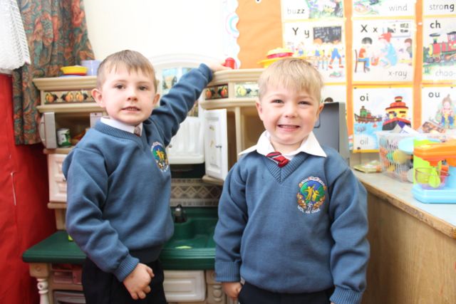 Jamie O'Regan and Callum Leen at their first day in Scoil Eoin, Balloonagh on Wednesday morning. Photo by Dermot Crean