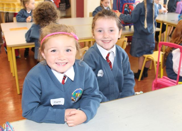 Ciara Hayles and Nessa Kirby at their first day in Scoil Eoin, Balloonagh on Wednesday morning. Photo by Dermot Crean