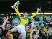 Aidan McCabe held aloft by teammates after Kilmoyley won the Garveys Supervalu Kerry Senior Hurling Championship title for the 24th time. Photo by Gavin O'Connor