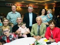 Fr. Sean Hanafin's family at a special celebration marking his retirement as PP of St. John's,  and pictured at the Meadowlandlands Hotel on Friday night. Front Sarah Nolan, Fionan Coakley, Donal and Sadhbh Nolan, Don and Patricia Nolan, back Brian and Ruairt Coakley, Fr. Sean, Blathnaid and Muiris Coakley.  Photo: John Cleary.