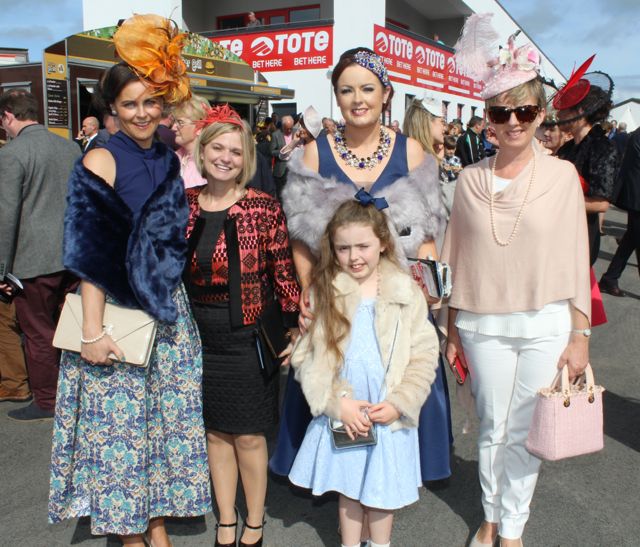 Deirdre Mulvihill, Moyvane, Niamh Walsh, Listowel, Elaine Sharp, Listowel, Edel O'Keeffe, Moyvane and in front, Aoife Sharp, at the McElligott's Honda Ladies Day at Listowel Races on Friday. Photo by Dermot Crean