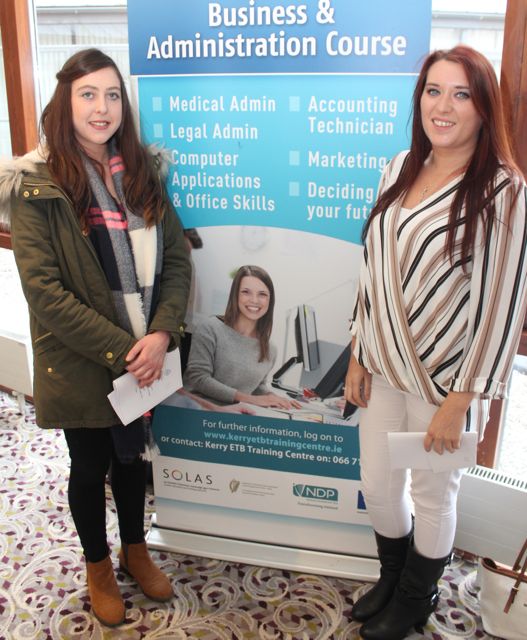 Shelly O'Connor and Mairead O'Riordan, Gneeveguilla, who received Certificates in Reception and Clerical Skills at the Kerry ETB Presentation of Certificates ceremony in The Rose Hotel on Wednesday. Photo by Dermot Crean