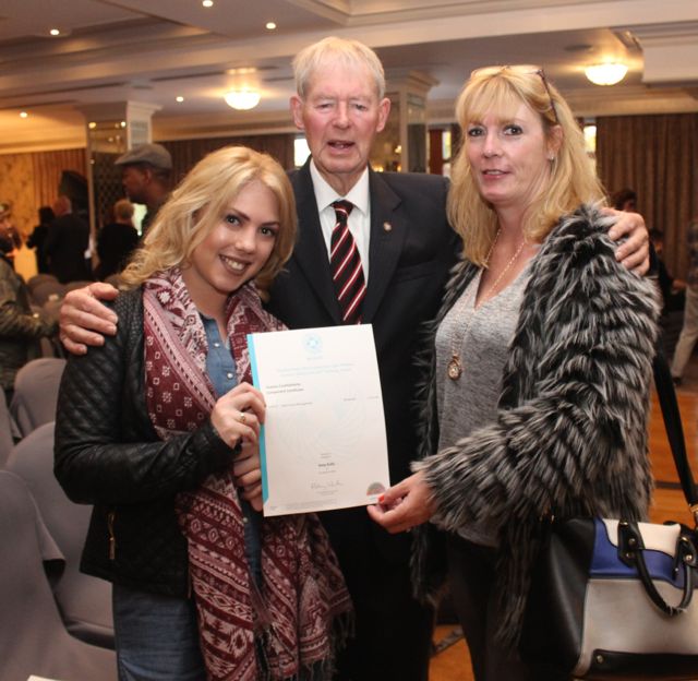 Micheal O Muircheartaigh who was the guest speaker at the Kerry ETB Presentation of Certificates ceremony in The Rose Hotel on Wednesday with Amy Kelly who received a cert in Supervisory Management and Sheila Kelly. Photo by Dermot Crean