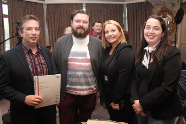 Jack McAuliffe and Seamus Slemon who qualified in Video Production with guests Mairead Slemon and Faye Boland at the Kerry ETB Presentation of Certificates ceremony in The Rose Hotel on Wednesday. Photo by Dermot Crean