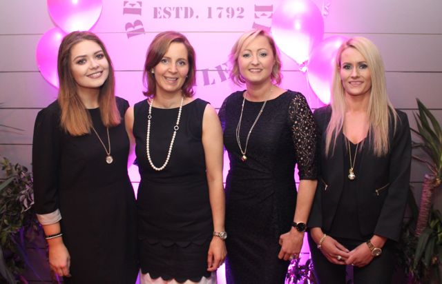 Ladies from Billy Nolan's and Hissers Jewellers, Amy Conway, Ciara Nolan, Louise Nolan and Trish Breen at the 'Think Pink, Think Positive' event at Benners Hotel on Thursday night. Photo by Dermot Crean