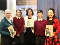 Kerry County Council Chief Executive Moira Murrell (centre) who launched the Kerry Magazine at Tralee Library on Tuesday night, with from left; President of the Kerry Archaelogical and Historical Society, Maureen Hanafin; Knockaderry NS pupils Agne Arlauskaite and Luke Ring and Marie O'Sullivan, Editor of the Kerry Magazine. Photo by Dermot Crean