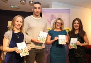 Ultan Dillane with Mary Carroll, SInead Kelleher and Susan McElligott, the authors of 'Behind The Face' at the launch of the book at Siamsa Tire on Friday night. Photo by Dermot Crean