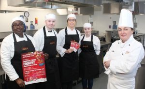 Professional Cookery teacher at KCFE, Kay Lanigan Ryan (right) with her students, Carolyn Okoro, Jordan Murphy, Niamh Daly and Geraldine Lacey, looking forward to the Christmas Cookery Demonstration next Thursday. Photo by Dermot Crean