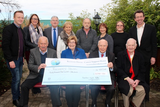 Recovery Haven received a cheque of €20,350 on Wednesday morning, the proceeds of a recent Night At The Dogs. Front, from left, Tom O'Connor, Maureen O'Brien of Recovery Haven, Ted Kelliher and Noel Browne. Back from left; Kenneth Reynolds, Christine McAuliffe, Dermot Crowley of Recovery Haven, Aine Kelliher, John Healy, Beatrice McDonald, Heather Hartley and Declan Dowling of Kingdom Greyhound Stadium. Photo by Dermot Crean