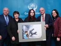 Katie Collins, Brookfield College, Tralee, National Winner 18 years and over, with Marty Whelan,  Irish League of Credit Unions President Brian McCrory, Suzanne Ennis, Tralee Credit Union and her mother Catherine Collins.
