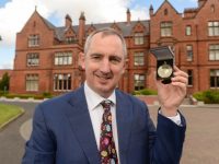 31 August 2017; Jerry Kennelly is presented with the Irish Academy of Management Whitaker Award 2017 at the Queen’s Management School at Queen’s University in Belfast. Photo by Oliver McVeigh/Sportsfile *** NO REPRODUCTION FEE ***