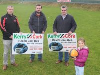 Launching the Over 35s Inter-Firm Soccer Tournament at The Low Field on Monday were Pa Daly, Paudie Collins of Kerry Cancer Support Group and Eoin Kelliher. Holding the ball is Olivia Crean. Photo by Dermot Crean