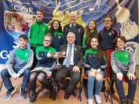 Na Gaeil Léiriú Group that were crowned Munster Scór na nÓg Champions in Ovens, Co. Cork on Sunday. Front Row: Liam Óg Kingston, Dearbhla Quirke, Chairperson of Munster Council Gerry O’Sullivan, Emily Crowe, Joshua Roche. Back Row: Barry Sugrue, Isabelle Crowe, Chairperson of Scór Munster Council Tom Herlihy, Aoife & Aine O’Sullivan