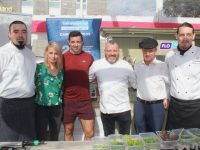 Aidan O'Mahony and Michael Healy Rae at the cook-off on Sunday as part of the Tralee Food Festival. Also included is chef Karl Naughton, Elaine Kinsella of Radio Kerry, celebrity chef Gary O'Hanlon and chef Aidan O'Shea. Photo by Dermot Crean
