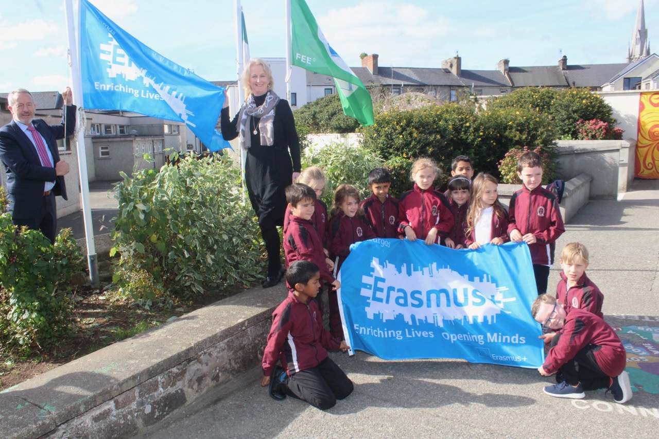 Sean Kelly Raises The Erasmus Flag At Moyderwell School