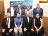 At back; Aidan O'Mahony, Ted Walsh, Billy Keane and Cathal Walsh. In front; Dermot Crowley, Ciara Griffin, Micheál Ó Muircheartaigh and Marisa Reidy at the 'Evening Of Sporting Greats' event in Ballyroe Heights Hotel on Friday night. Photo by Dermot Crean