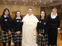 Presentation Tralee students Larisa Vichente, Rachael O'Sullivan and Emma Flanagan with special guest speaker Fr Philip Mulryne and Presentation Tralee teacher Norma Foley at the Céiliúradh na nÓg event in the Brandon Hotel Conference Centre on Wednesday. Photo by Dermot Crean