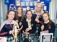 Presentation Tralee students, at back; Eva Valor, Julia Szarota, in front, Róisín Buckley, Aoibhe McKenna and Erica Lucid with their Peann2 product at the Kerry County Council Student Enterprise Awards at the IT Tralee on Friday. Photo by Dermot Crean