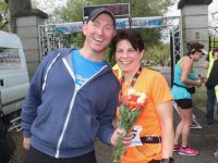 Mike Brosnan congratulating his wife Rose Brosnan at the finish of the Tralee Marathon on Saturday afternoon. Photo by Dermot Crean