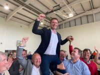 Mikey Sheehy is hoisted aloft on his election. Photo by Dermot Crean