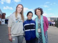 Irish Olympian Fiona Doyle with Aisling O'Connell and teacher Catherine Sharpe at CBS Primary on Friday morning. Photo by Dermot Crean