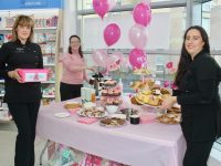 Jacinta Lawlor Walsh, Erin Farrell and Catherine Duke ready to welcome visitors to the 'Cups For Cancer' coffee morning on Friday at O'Sullivan's Pharmacy. Photo by Dermot Crean
