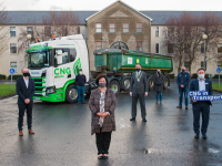 Photographed at Kerry county buildings, when the Kerry County Council  became the first local authority in Ireland to trial a zero carbon Heavy Goods Vehicle (HGV) powered by compressed renewable gas were: Declan O’Sullivan, Gas Networks Ireland; Tom Ahern, Machinery Complex,  Kerry County Council; Moira Murrell,  Chief Executive,  Kerry County Council; Patrick Connor-Scarteen,  Cathaoirleach of Kerry County Council, John Fitzgerald,  Senior Executive Engineer – Roads, Transportation & Marine Dept., Kerry County Council; Tom Nolan, Director,  Tom Nolan & Sons Ltd. (Castleisland, Co. Kerry), David Hanahoe, Gas Networks Ireland. Photo taken in accordance with public health restrictions, December 2020.