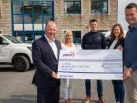 ohn Tuite of tli Tralee Road Abbeydorney who presented a cheque of €2278 to Con O'Connor Pieta House also in pic Noelle O'Brien (tli), Mary McGuillycuddy and Bryan Daly, (tli). Photo Joe Hanley