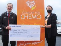 Gerard McCarthy of Kellihers Garage presents Bríd O'Connor of Comfort. For Chemo Kerry with the cheque on Friday. Photo by Dermot Crean