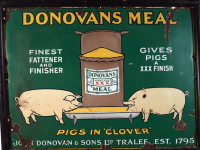 An antique enamel sign from around 1900 for pig meal made by John Donovan and Sons, Tralee.