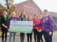 Presenting a cheque to Ann Eager (right), the proceeds of a no-uniform day at the school were, from left; Bríd Fitzgerald, Breda Quirke, Principal Íde Brosnan, Erin O'Shea, Ryan Fitzgerald and Caragh Houlihan. Photo: Dermot Crean