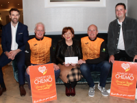 At the presentation of a cheque for €38,000 to Mary Fitzgerald (centre) and Mikey Sheehy (right) of Comfort For Chemo Kerry were, Daniel Bohan, Kieran O'Callaghan and Patrick O'Sullivan who completed a 24 hour challenge back in September. Photo by Dermot Crean