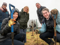 TY students Niamh Lynch and Aoife Hogan of Presentation Secondary, Cloonbeg, Tralee, Kerry with Rachel Geary, LEAF Ireland; school principal Chrissy Kelly and Bernard Burke from Coillte planting their An Choill Bheags (little woodlands) in primary and secondary schools across Ireland.