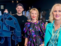 Claire Murphy, Organiser of Love Kerry Lunch & Fashion Show, and owner of Upfront Model Management Orla Diffily pop out to see international designer Colin Horgan in his studio in Ardfert to preview looks for the show. Photo: James Maher, Maher Media. 