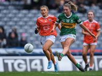 10 April 2022; Niamh Ní Chonchúir of Kerry takes a shot on goal, under pressure from Grace Ferguson of Armagh, during the Lidl Ladies Football National League Division 2 Final between Armagh and Kerry at Croke Park in Dublin. Photo by Piaras Ó Mídheach/Sportsfile *** NO REPRODUCTION FEE ***