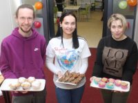 Laura Bokmane (centre) who is doing a skydive in aid of in aid of Youth Suicide Prevention Ireland with Evan Murphy and Aoife Angland and some baked goodies at the sale in Kerry College Clash Campus on Wednesday. Photo by Dermot Crean