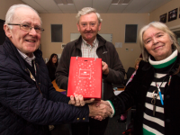 Token of appreciation: Kerry County Council Writer in Residence, Máire Holmes being presented with a gift in appreciation of her services to the Castleisland based Scríobhneoirí Sliabh Luachra Writers Group. Making the presentation are : Frank Kevins (left) and Jimmy Cullinane. Photograph: John Reidy