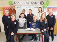 Kerry captain Joe O'Connor joined Listellick pupils, Shane Lynch of the Parents Council, Chairperson of the Board of Management Frances Day and teacher Karen O'Driscoll in launching the fundraising campaign. Photo by Dermot Crean