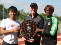 Mercy Mounthawk boys team members receiving the Shield Award from Damien McLoughlin of Kerry Colleges Athletics. Photo: Adrienne McLoughlin