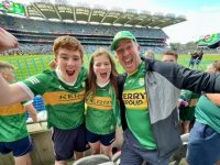 A proud Principal of Pobalscoil Inbhear Scéine, Dermot Healy (right) from Tralee, with his children celebrating in Croke Park after the game. Photo by Dermot Crean
