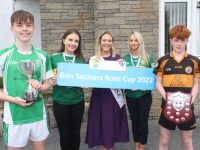 Darragh O'Callaghan of Na Gaeil and David Hobbert of Austin Stacks with Katie Parnell,Kerry Rose Édaein O'Connell and Sharon McEllistrim at the launch of the Rose Cup. Photo by Dermot Crean