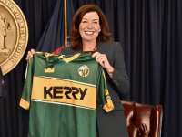 New York Governor Kathy Hochul with a Kerry jersey earlier this year.