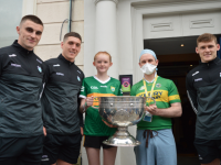 Pictured visiting CHI at Temple Street with the Sam Maguire this morning was the victorious Kerry Senior Football team. L-r: Seán O'Shea, Joe O'Connor, Ellie-Mai Neylon, Dr. Seamus Boyle and Gavin White.