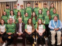 The Tralee International Children's Games team with coaches at The Rose Hotel on Tuesday night. Front from left; Jill Quirke, Ger McDonnell, Chairman of Tralee ICG Mike Culloty, Dearbhail Foley, Anna Collins and Deputy Mayor of Tralee Terry O'Brien. Middle row, from left; Mollie O'Riordan, Kelly Fitzgerald, Lucy O'Connor, Saoirse Dillon, Rachel Barry, Mily May O'Gara, Laurel Mason and Emma Nealon. Back from left; Johnny Dawson, Brayden Pierse, Gearóid White, Fionán Ryan, Kieran Keane, David Lane, Zala O'Connor. Photo by Dermot Crean