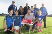 Launching the Tralee Parnells Buster fundraiser were, front from left; Sophie Brick, Ronan Brick, Declan Dowling of Kingdom Greyhound Stadium and Chloe Silles with 'Shauna'. Back from left; Dermot Reen, Sinead McCarthy, Michael McCarhy, Jack Lynch, David Brick and Kevin Silles. Photo by Dermot Crean